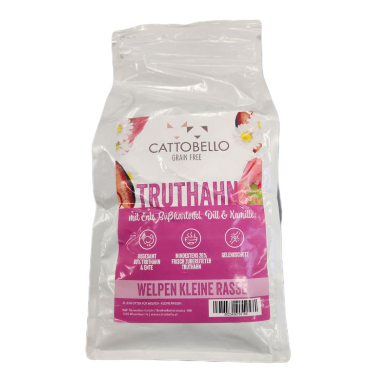 Cattobello Welpe Truthahn mit Ente, Süßkartoffel, Dill und Kamille Small Breed 2kg