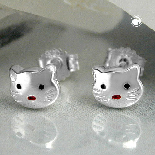 Ohrstecker „Katzenkopf rot-schwarz“ aus 925er Silber – verspielt, glänzend & liebevoll gearbeitet