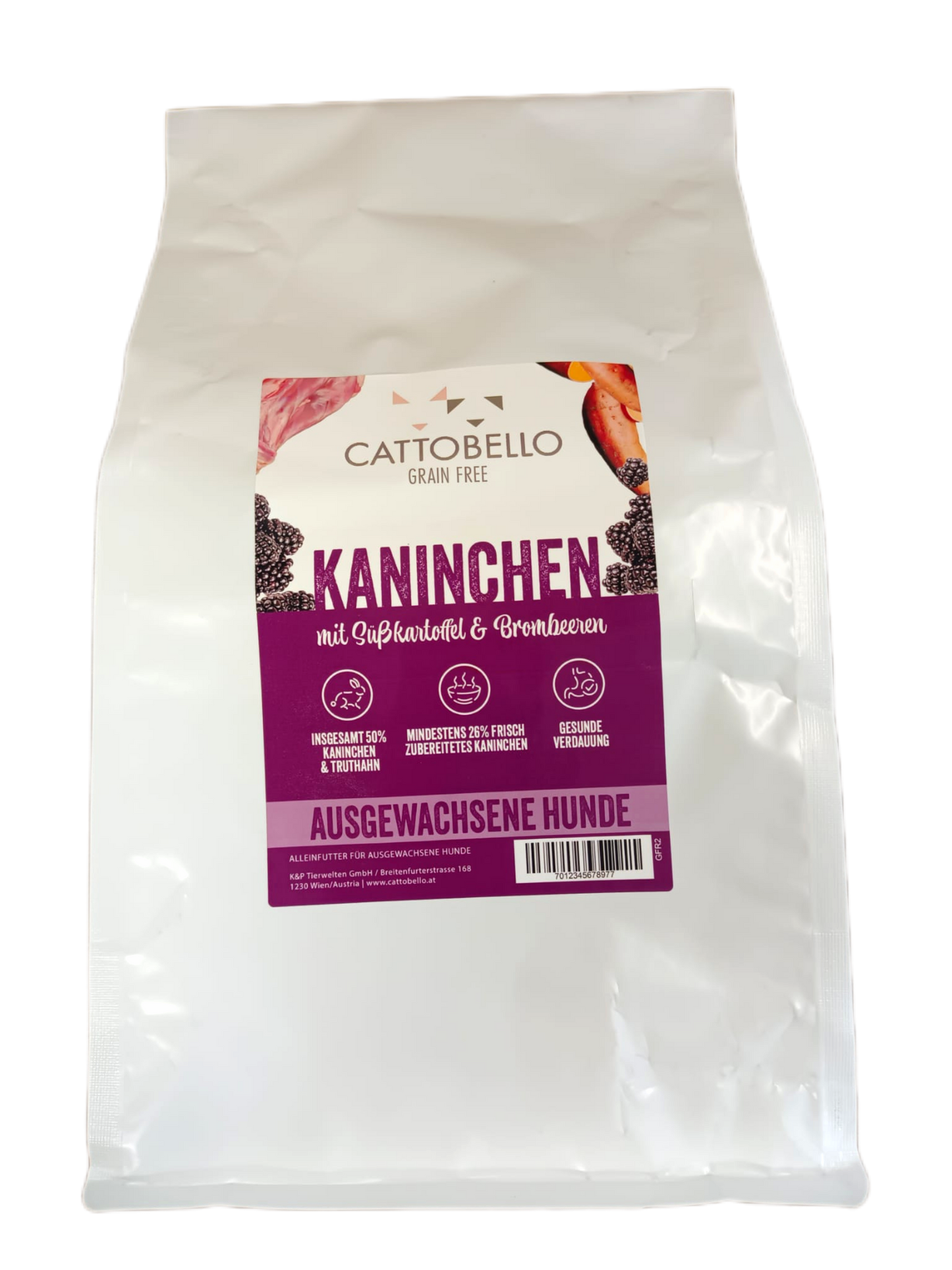 Cattobello Hund Adult Kaninchen mit Süßkartoffeln und Brombeeren