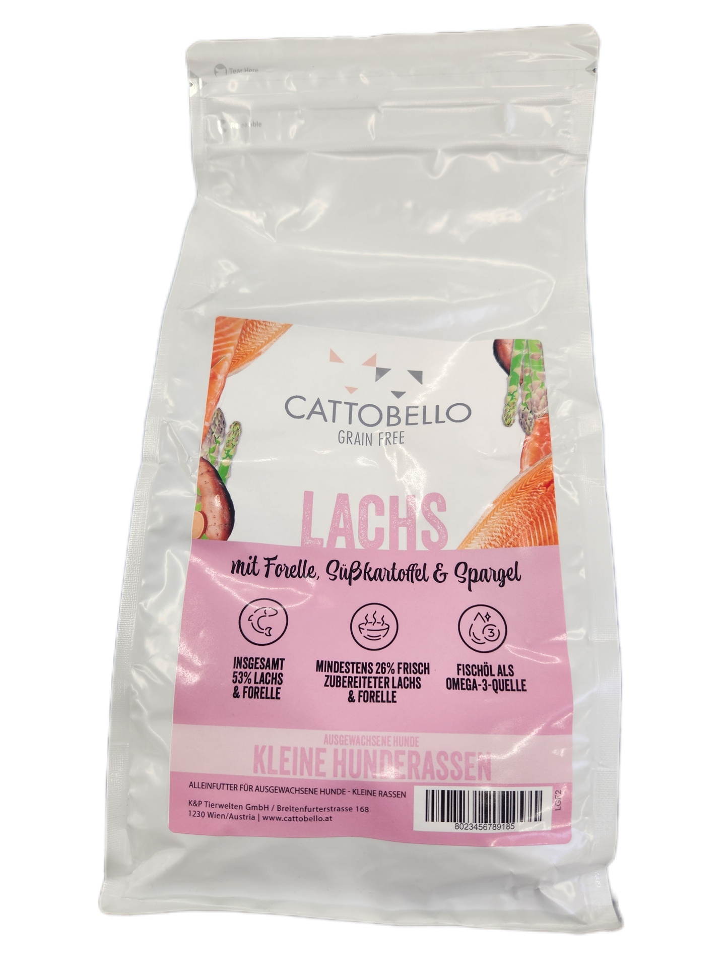 Cattobello Hund Adult Lachs mit Forelle, Süßkartoffel und Spargel Small Breed 2kg