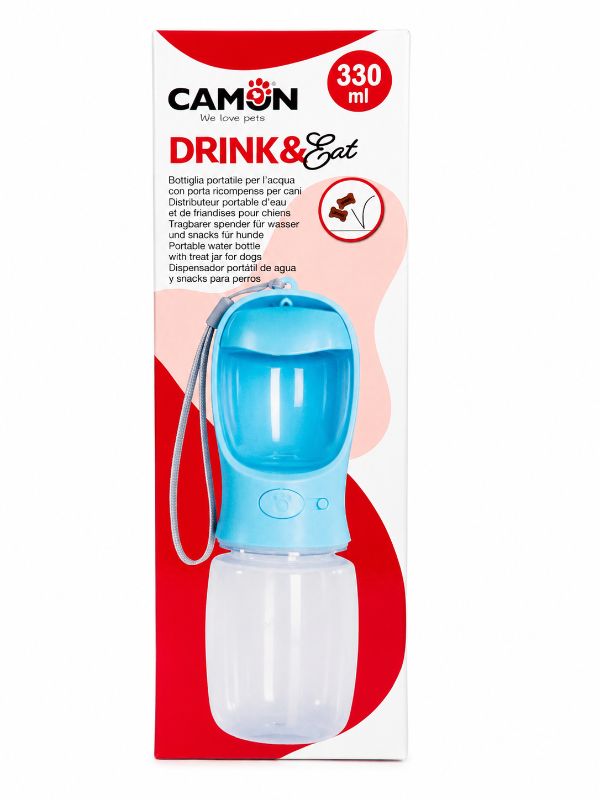 CAMON Drink & Eat – Tragbare Trinkflasche mit Snackbehälter für Hunde (330 ml)
