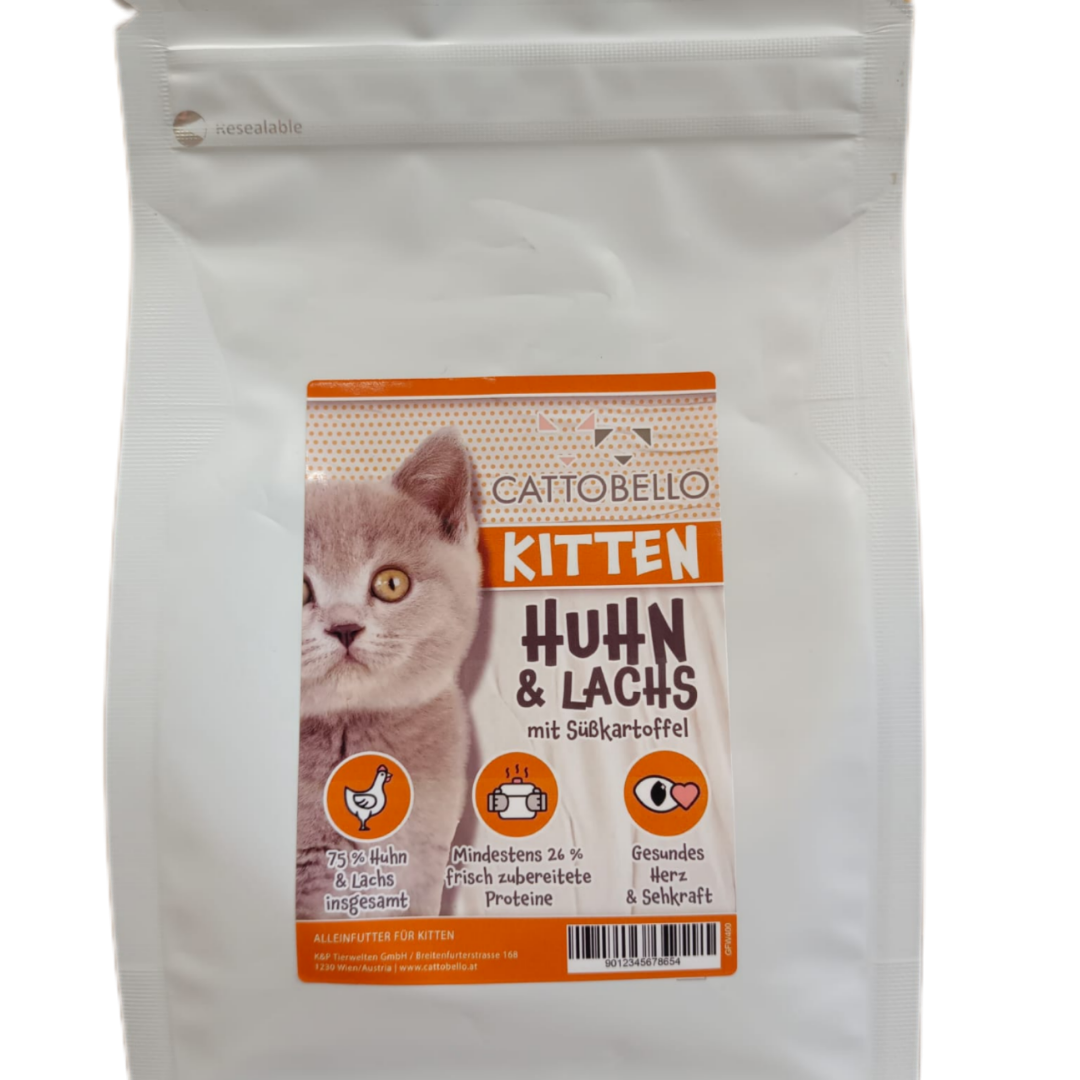 Cattobello Kitten Huhn und Lachs mit Süsskartoffel Trockenfutter Katze