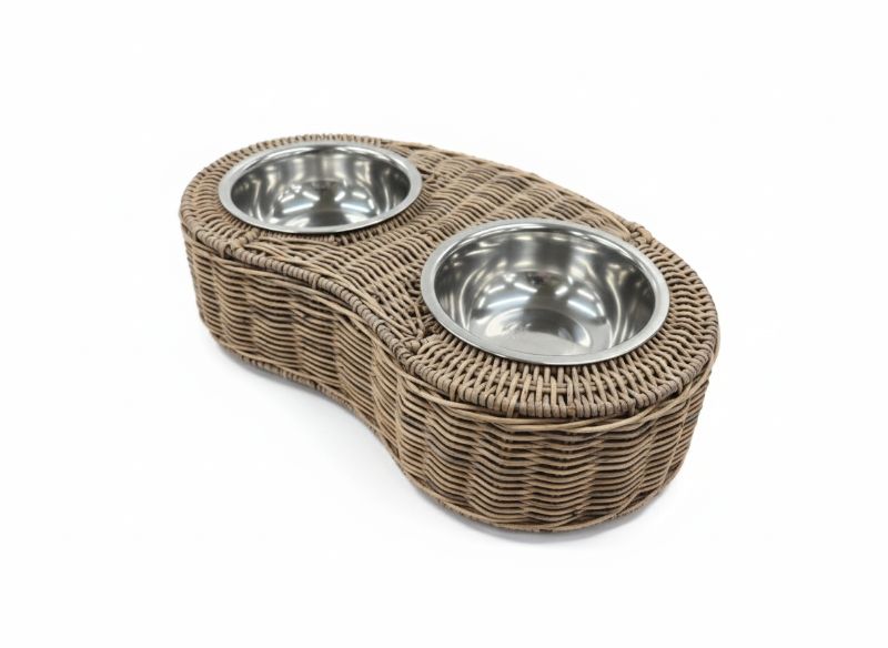 Doppelnapf geflochten mit 2 Edelstahlschalen, Weide