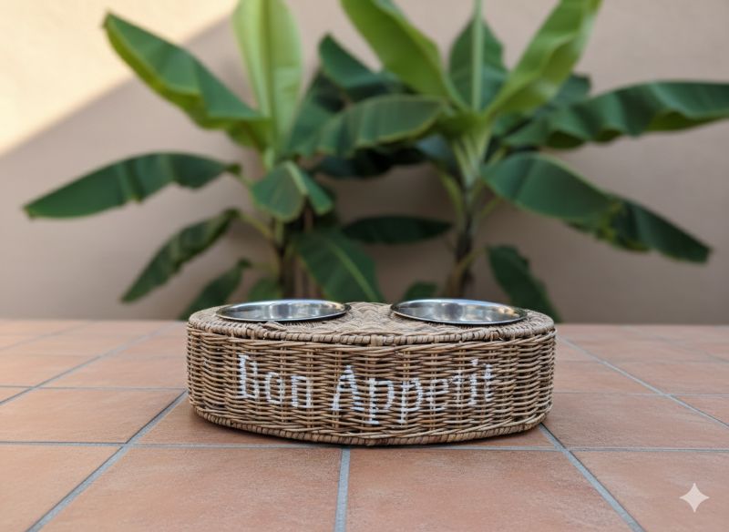 Doppelnapf geflochten Bon Appetit mit 2 Edelstahlnäpfen Weide