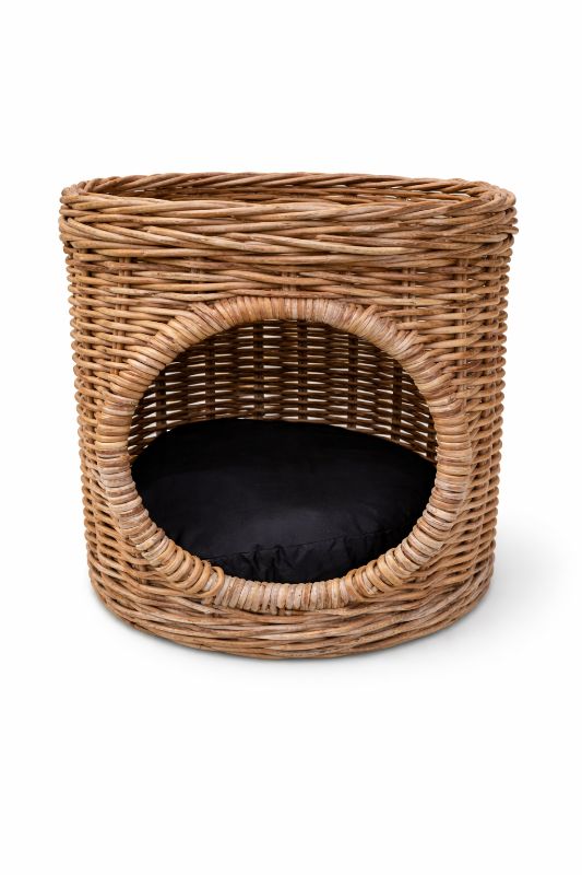 Höhle geflochten braun mit schwarzem Kissen