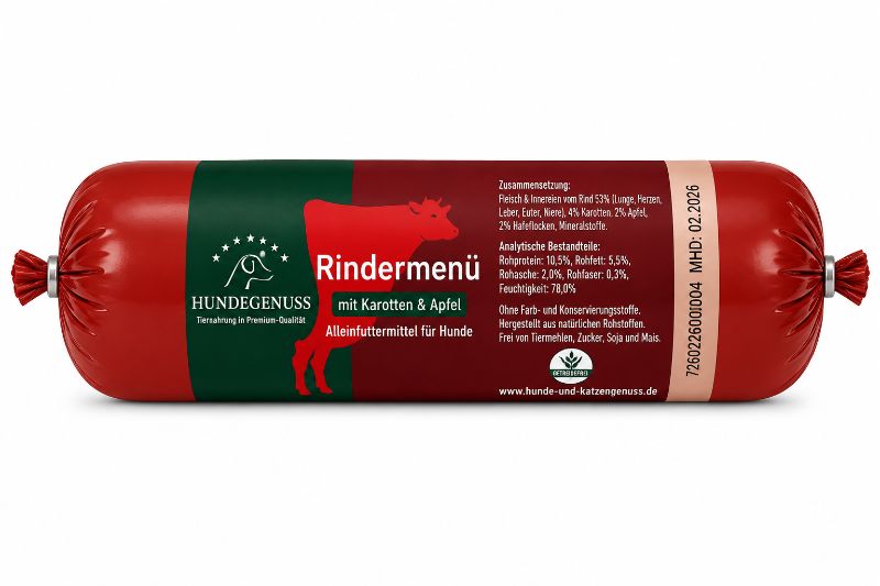 Hundegenuss Rindermenü mit Karotten & Apfel