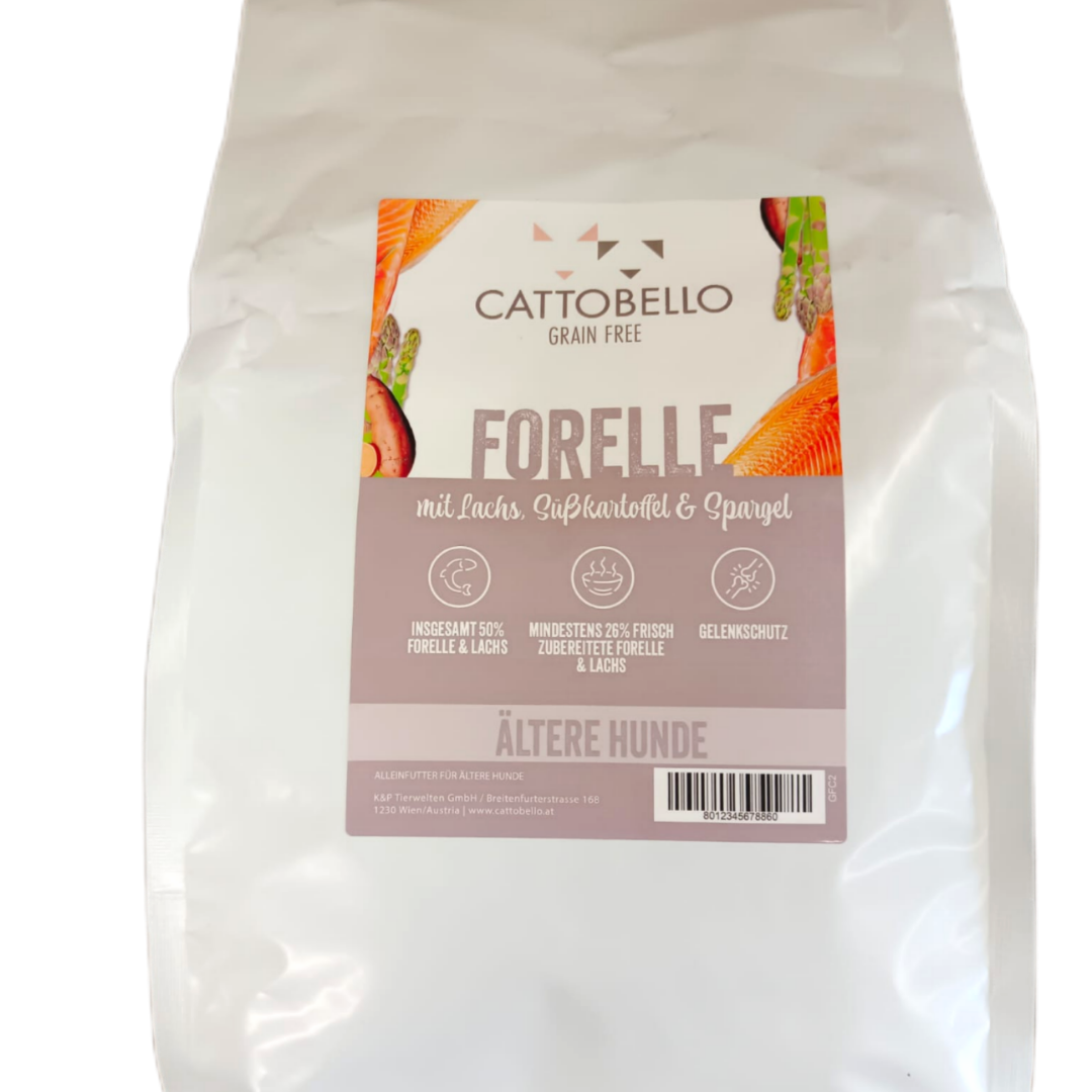 Cattobello Hund Forelle mit Lachs,  Süßkartoffel und Spargel Senior