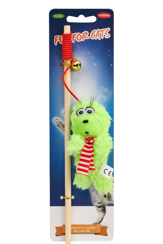 Katzenangel Grinch Holzstab mit grüner Plüschfigur an roter Schnur