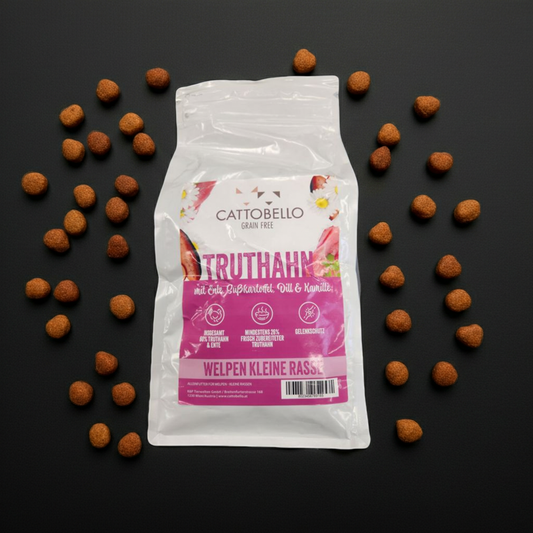 Cattobello Welpe Truthahn mit Ente, Süßkartoffel, Dill und Kamille Small Breed 2kg