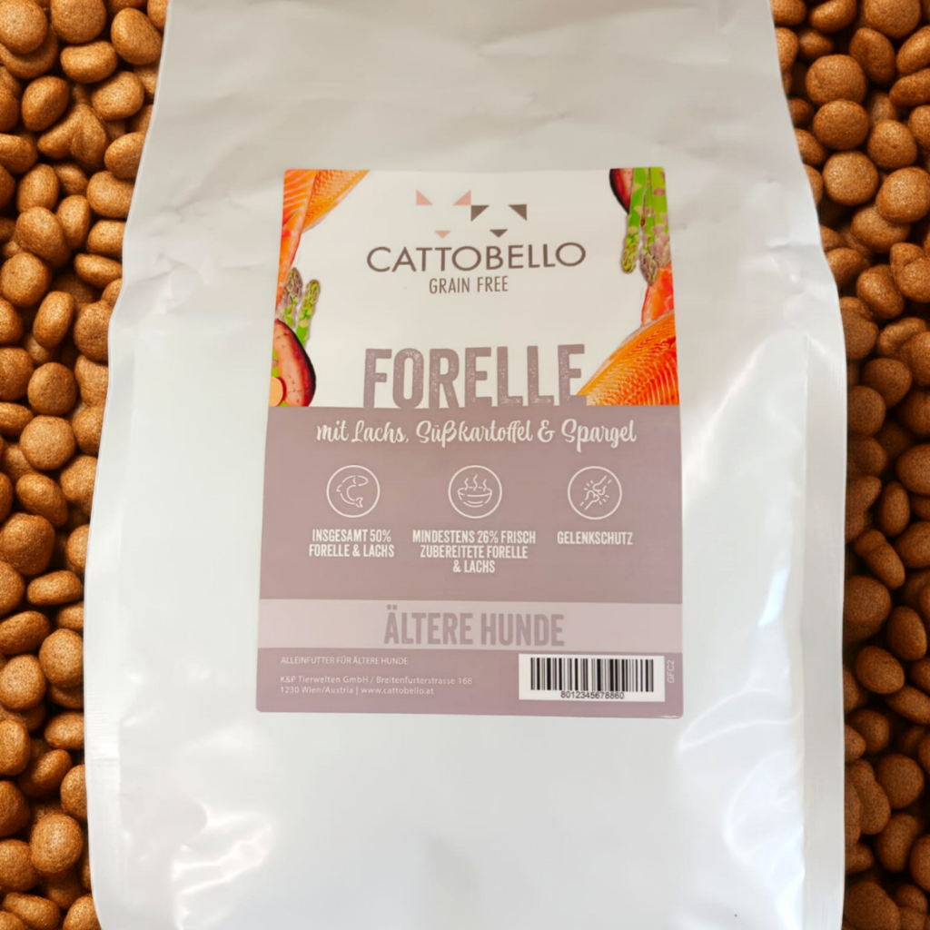 Cattobello Hund Forelle mit Lachs,  Süßkartoffel und Spargel Senior